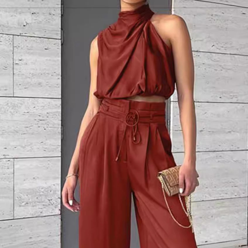 Midriff-baring Top And Wide Leg Pants 2pcs Set