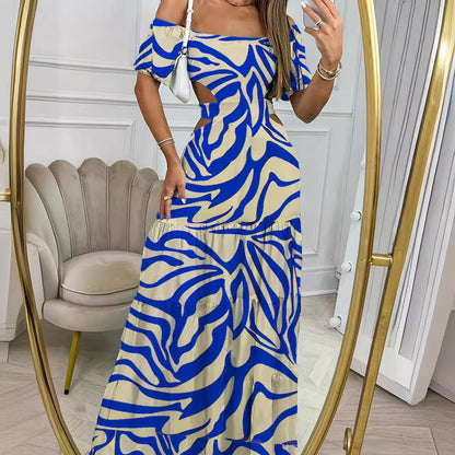 Printed One-line Collar Short-sleeved Long Dress