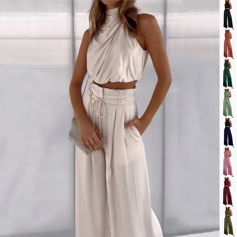 Midriff-baring Top And Wide Leg Pants 2pcs Set