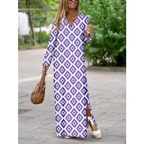 Geometric Printed V-neck Long Dres