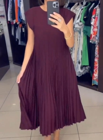 Short Sleeve Pleated Long Dress