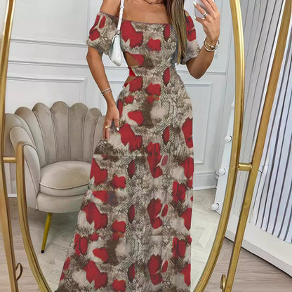 Printed One-line Collar Short-sleeved Long Dress