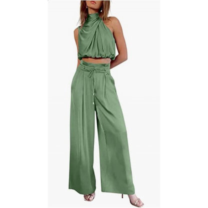 Midriff-baring Top And Wide Leg Pants 2pcs Set