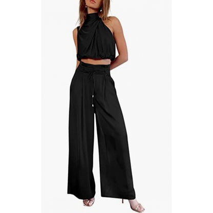 Midriff-baring Top And Wide Leg Pants 2pcs Set