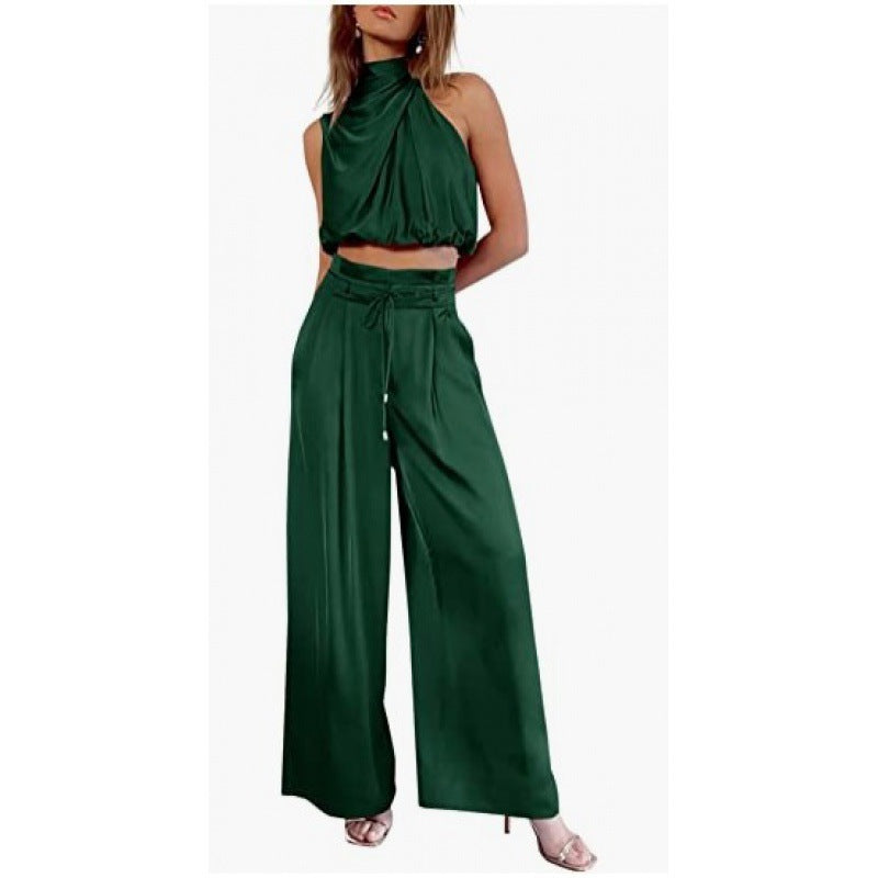 Midriff-baring Top And Wide Leg Pants 2pcs Set