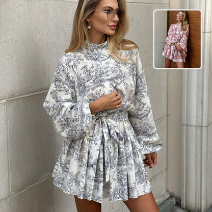 Ink Print Long Sleeve Short Dress