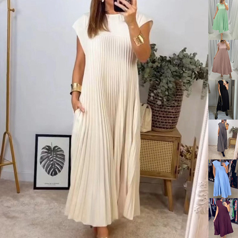 Short Sleeve Pleated Long Dress