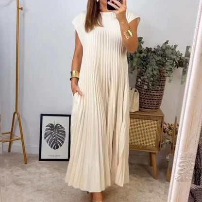 Short Sleeve Pleated Long Dress