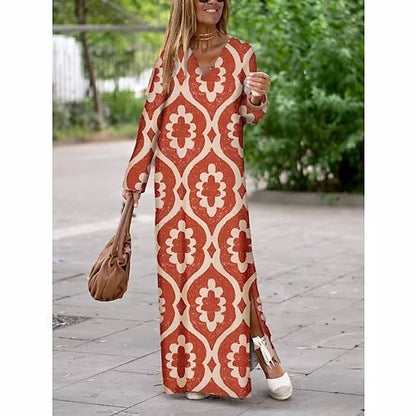 Geometric Printed V-neck Long Dres