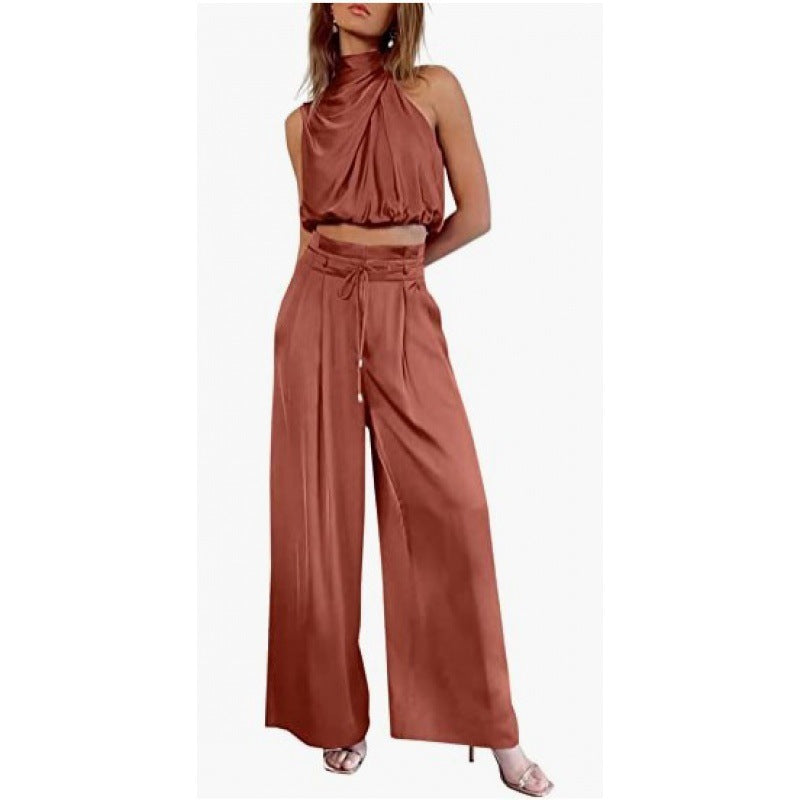 Midriff-baring Top And Wide Leg Pants 2pcs Set